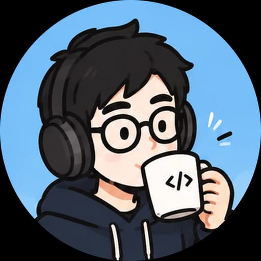 Illustration of Lucas in headphones, sipping from a mug with a code icon on it