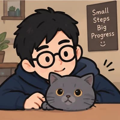 Illustration of Lucas hugging a grey cat under a sign that reads Small steps, big progress
