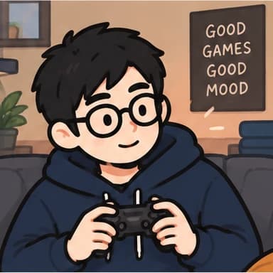Illustration of Lucas holding a game controller under a sign that reads Good games, good mood