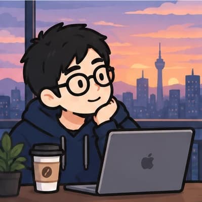 Illustration of Lucas with a laptop and a coffee, the Kuala Lumpur skyline at sunset behind him