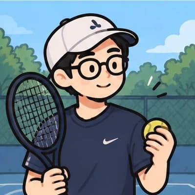Illustration of Lucas in a cap, holding a tennis racket and a ball