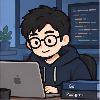 Illustration of Lucas coding on a laptop, with books on Go and Postgres on the desk